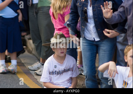 Australia Australian New Zealand Army Corps ANZAC young child in a diggers slouch hat honours the fallen ANZAC day Australia Apr Stock Photo