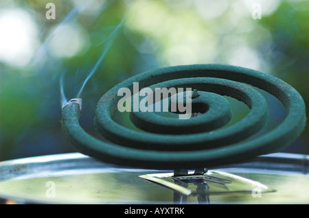 A mosquito coil burning on a windowsill producing a natural smoke and scent repellent to ward off insects and mosquitos Stock Photo