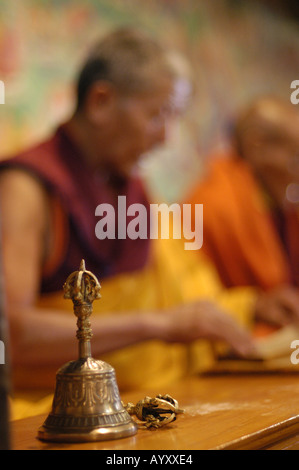 Old Tibetan monk during morning prayer puja in Thiksey Monastery Jammu Kashmir India Stock Photo