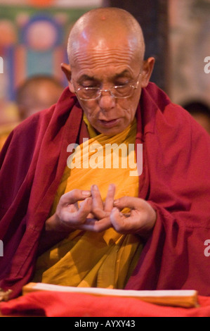 Old Tibetan monk during morning prayer puja in Thiksey Monastery Jammu Kashmir India Stock Photo