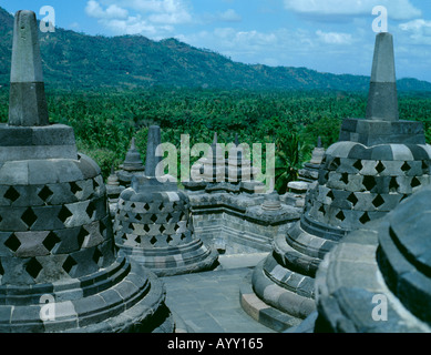 Latticed dagoba on the upper terraces, Borobudur, near Jogjakarta, Java, Indonesia, Asia. Stock Photo