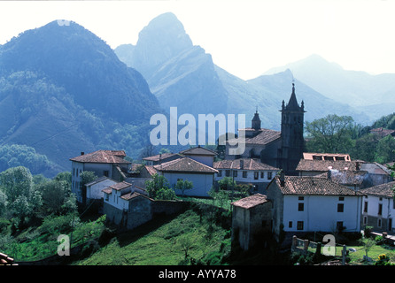 Alles Village with the backdrop of the Picos de Europa Alles village Picos de Europa Spain Europe Stock Photo