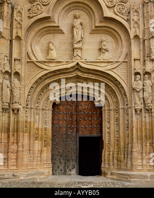 The carved portal of the Catholic church in Abalos San Esteban Protomartir Abalos La Rioja Spain Stock Photo