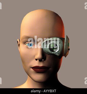 3D computer generated female robot with bionic headset Stock Photo