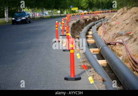 District heating pipeline construction site , Finland