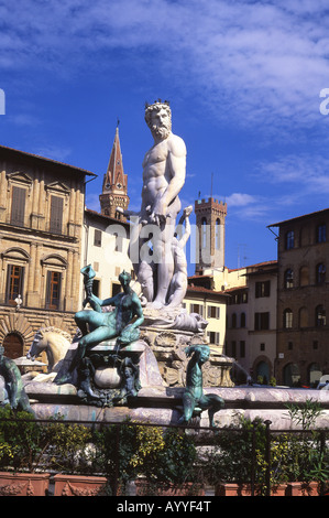 Ammaniati's Neptune Fountain Piazza della Signoria Badia Fiorentina and Bargello towers in background Florence Tuscany Italy Stock Photo