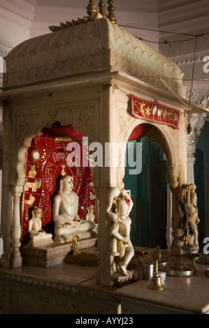 Jain temple interior altair with statues of Mahavira or Mahavir Varanasi Uttar Pradesh India Stock Photo