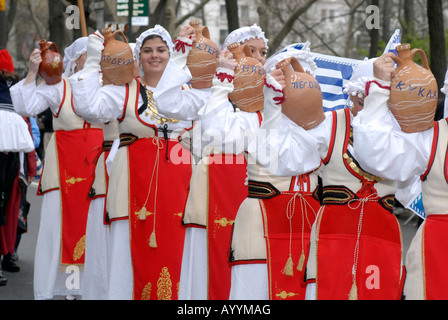 Greek Americans march up Fifth Avenue in New York Stock Photo