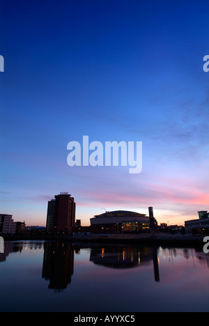 Belfast River Lagan Northern Ireland Laganside Lanyon Place Waterfront Hall Sunset Dusk Stock Photo