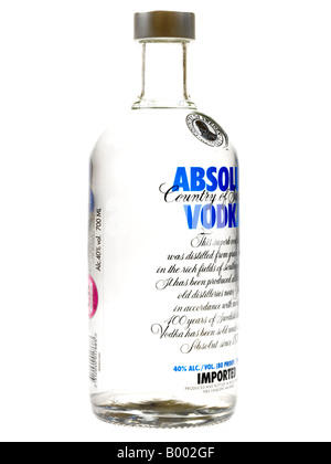 Bottle Of Imported Swedish Absolut Vodka Alcohol Unopened Ready To Drink Isolated Against A White Background with A Clipping Path and No Peeople Stock Photo