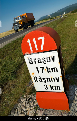 TRAFFIC SIGN INDICATE INFORMATION OF BRASOV, TRANSYLVANIA, RUMANIA.  ROAD KM 17