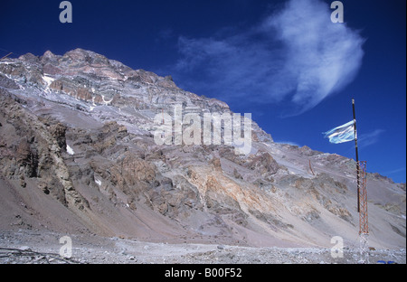 Mt. Aconcagua west face and Argentine flag, seen from Plaza de Mulas base camp, Argentina Stock Photo