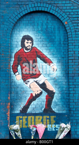 Wall mural celebrating Football legend George Best at Windsor Park football ground Stock Photo