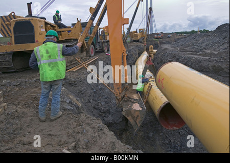 Contractors carefully lowering heavy sections of large diameter, high-pressure gas transmission steel pipeline into deep trench. Stock Photo