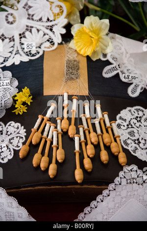 Display of lace and lacemaking in shop window in Brussels, Belgium Stock Photo