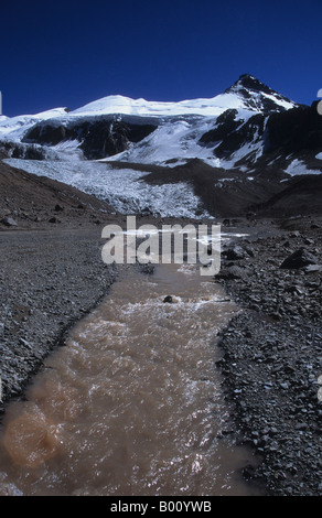 River Horcones, Upper Horcones Glacier and Cerro Cuerno, near Plaza de Mulas base camp, Aconcagua Provincial Park, Argentina Stock Photo