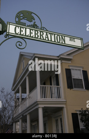 Florida Celebration Avenue,planned,town Disney built,residential development,street sign,home,house home houses homes residence dusk,evening,FL0803300 Stock Photo