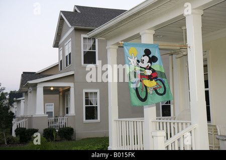 Florida Celebration Avenue,planned,town Disney built,residential development,Mickey Mouse banner,porch,FL080330067 Stock Photo