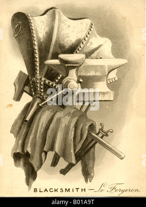 Lithographed head of blacksmith made up of his working tools circa 1875 Stock Photo