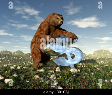 A bear bearing down on a dollar sign signifying 'the bear market' Stock Photo