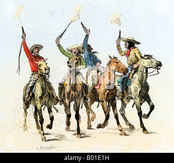 Rowdy cow punchers firing their guns in the air. Hand-colored woodcut of a Frederic Remington illustration Stock Photo