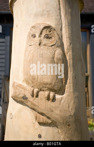 Wooden carving of an Owl on a totem pole at RSPB Nature Reserve, Pulborough Brooks, West Sussex, England, UK Stock Photo