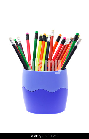 Colorful writing pencils in container on white background Stock Photo