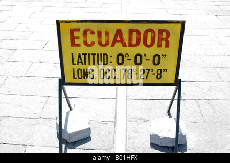 yellow Sign, monument la mitad del mundo, Ecuador, line marking the equateur Stock Photo