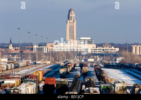 The rail yard and Nebraska State capitol Building in Lincoln, Nebraska, USA. Stock Photo