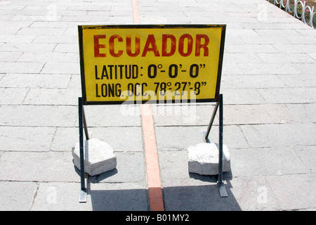 yellow Sign, monument la mitad del mundo, Ecuador, line marking the equateur Stock Photo