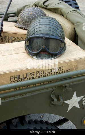 American GI helmets on the back of a Willys Jeep Stock Photo