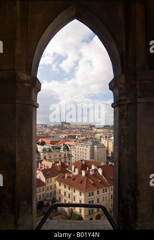 Vertical aerial wide angle over Prague towards Hradcany and the prominent spires of St Vitus's Cathedral within Prague Castle. Stock Photo