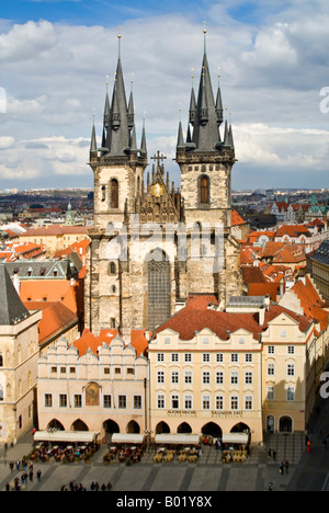 Vertical aerial wide angle of the Church of Our Lady before Tyn 'Kostel Panny Marie Pred Tynem' in the Old Town Square. Stock Photo