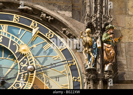 Horizontal close up of the fascinating Astronomical Clock face 'Orloj' on a sunny day with the figures of Death and the Turk. Stock Photo
