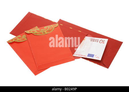 Chinese New Year red packets and Euro notes on white background Stock Photo