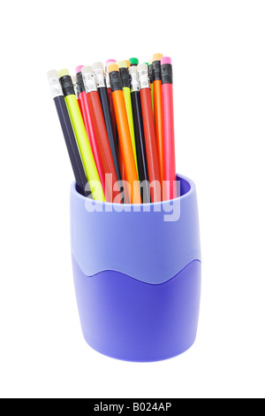 colorful pencils in blue container on white background Stock Photo