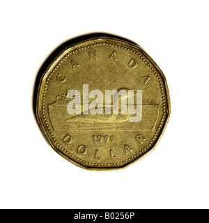 Canadian one dollar coin featuring the common loon or great northern diver (Gavia immer). Commonly called the Loonie Dollar. Stock Photo