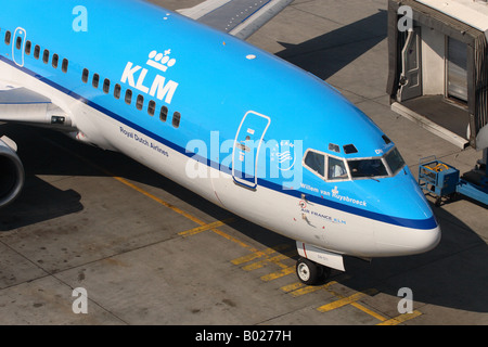 KLM Royal Dutch Airlines Boeing 737 jet airliner cockpit part of the Skyteam airline alliance group Stock Photo