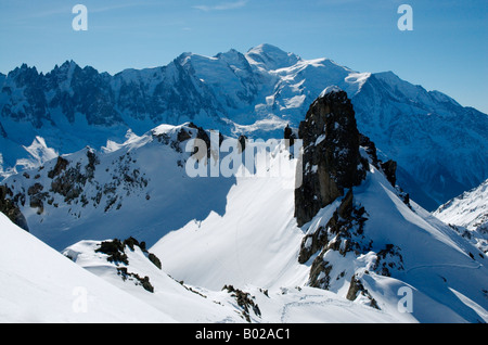 View over wintery Mont Blanc massif as seen from the opposite Aiguilles Rouges range, Chamonix, France Stock Photo
