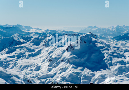 View towards wintery gorges de la Diosaz as seen from Col Berard, Aiguilles Rouges Nature Reserve, Chamonix, France Stock Photo