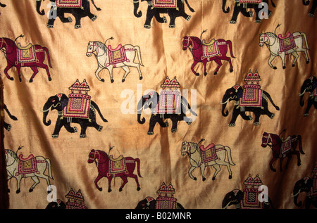 India Gujerat Crafts Bhuj Kutch Folk Museum finely embroidered silk with elephant and horse motifs Stock Photo