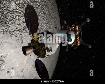 The Orion crew exploration vehicle docked to a lunar lander in lunar orbit. Stock Photo