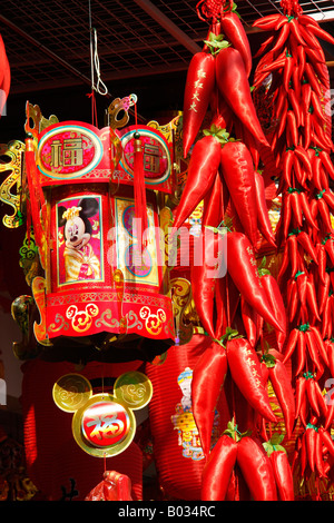 Mickey Mouse paper lantern and bright red paper chili festival decorations ,China Stock Photo