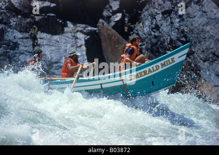 Grand Canyon Dory flying through Granite Falls Rapid on Colorado River Stock Photo