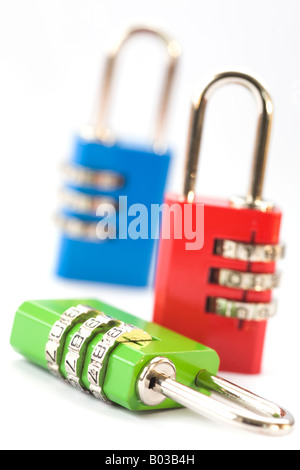 Colorful locks on white background. Selective focus Stock Photo