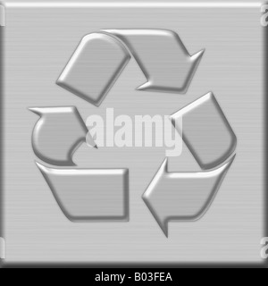 The universal Logotype for recyclable materials on a button. Logo universel des matériaux recyclables sur un bouton d'aluminium. Stock Photo