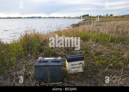 two car batteries left in a wetland in Oakland, California Stock Photo