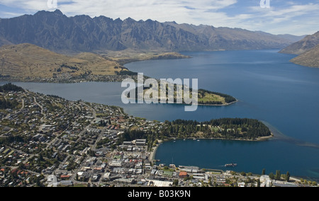 Spectacular view across Queenstown, Lake Wakatipu and The Remarkables from the Skyline tourist complex Stock Photo