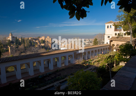 View of The Alhambra (La Alhambra) and Albayzin (old town) district seen from the Upper Gardens of the Generalife Stock Photo