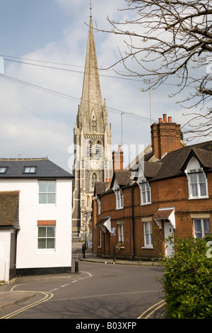 peaceful streets in the centre of Dorking, Surrey UK with the spire of Saint Martin's in the background Stock Photo